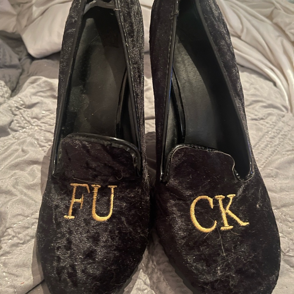 YRU F*CK Black Velvet Women's Loafers